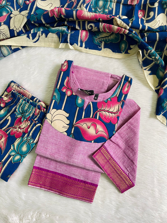 Mangalgiri Cotton with Kalamkari Design Kurta Sets (JOY41)