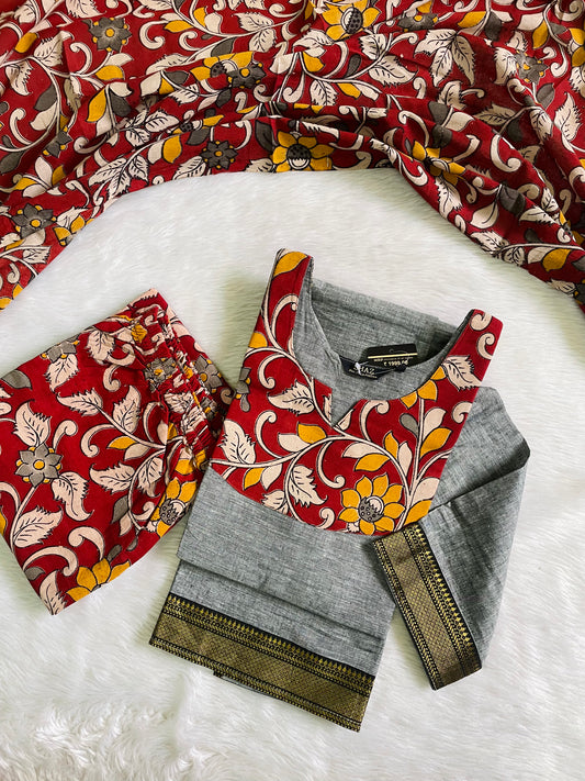 Mangalgiri Cotton with Kalamkari Design Kurta Sets (JOY041)