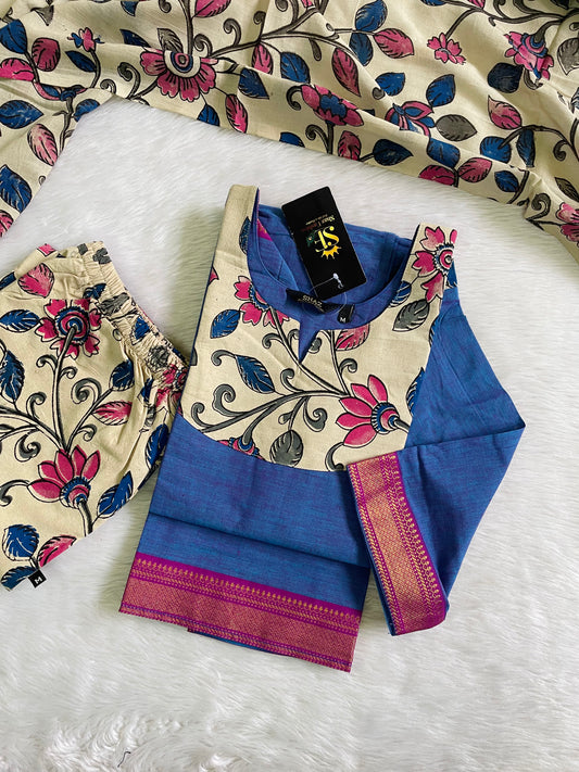 Mangalgiri Cotton with Kalamkari Design Kurta Sets (JOY041)
