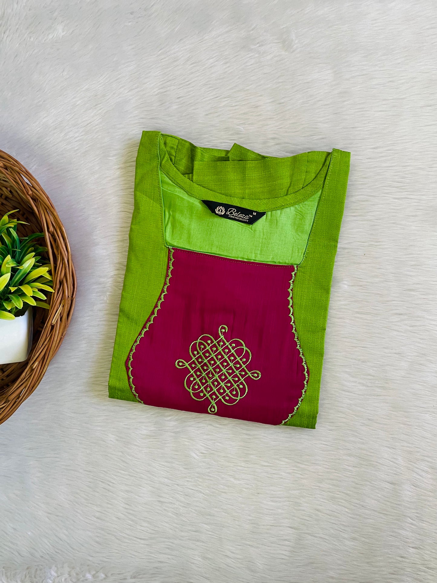 Kolam Embroidery Raw Silk Kurtis