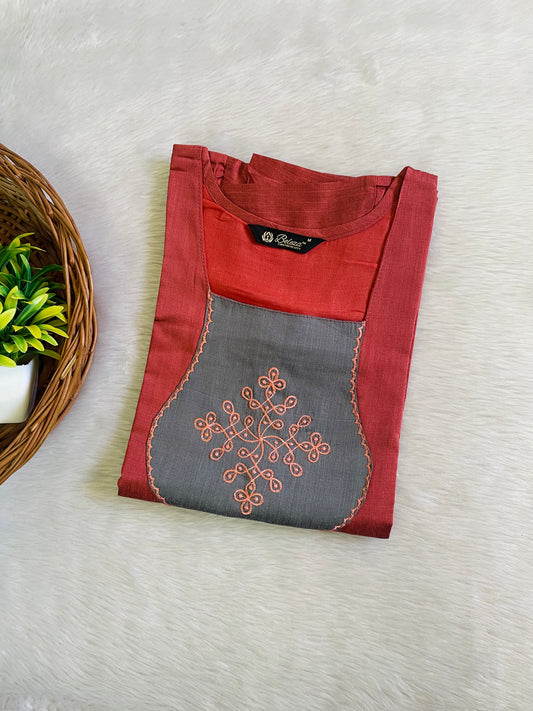 Kolam Embroidery Raw Silk Kurtis