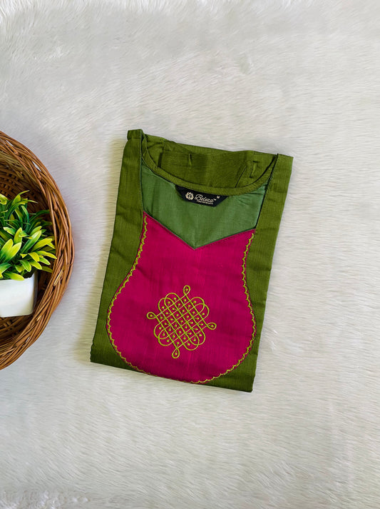 Kolam Embroidery Raw Silk Kurtis
