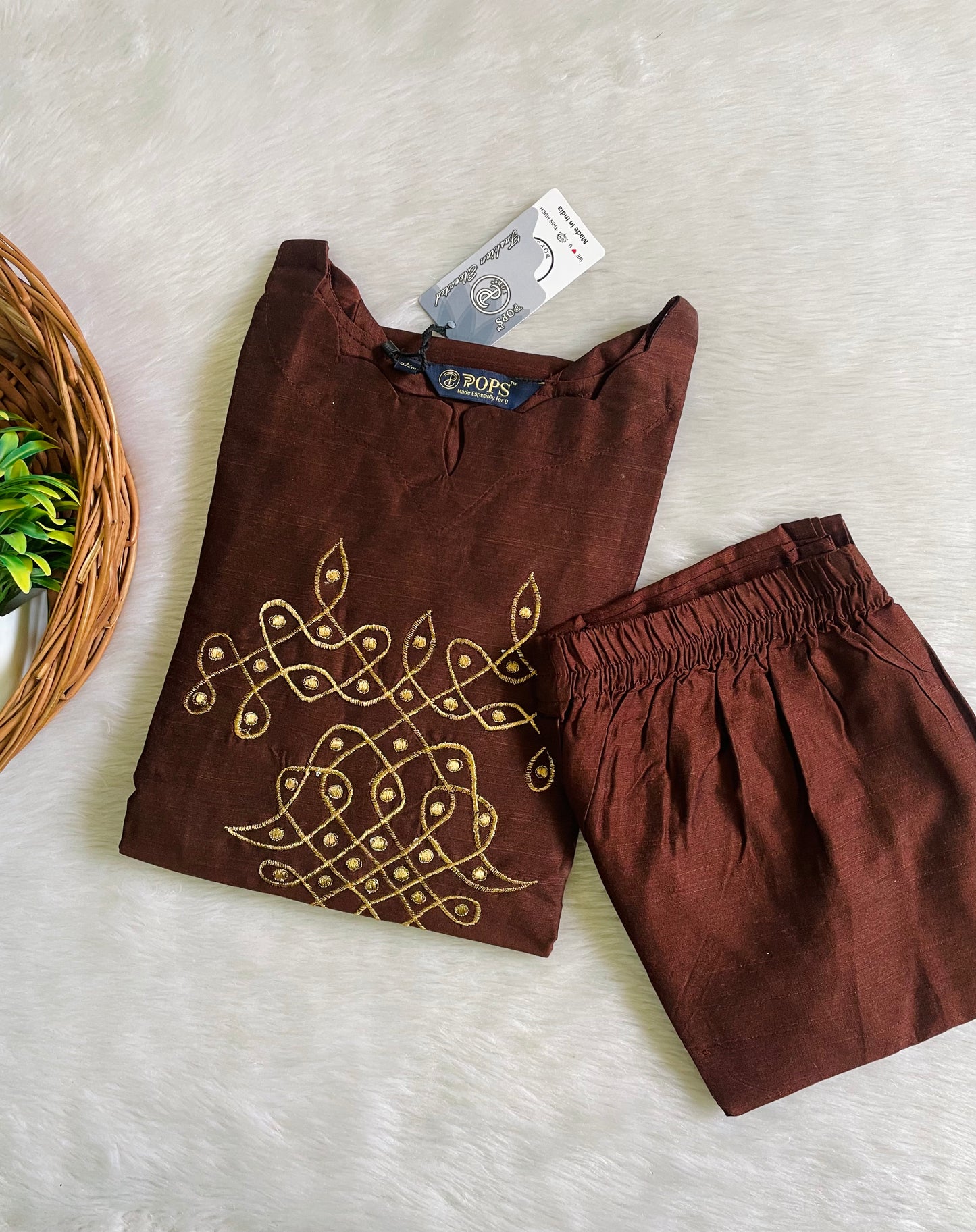 Kolam Raw Silk Co-ord Sets (JOY065) (BROWN)