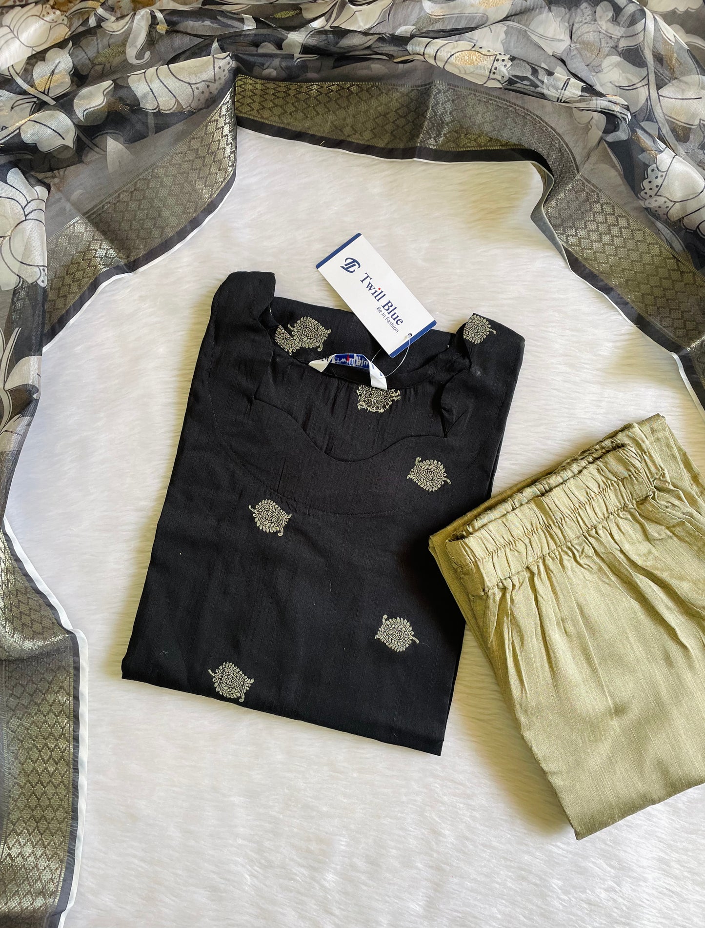 Premium Festive Buta Silk Kurta Sets (Black)