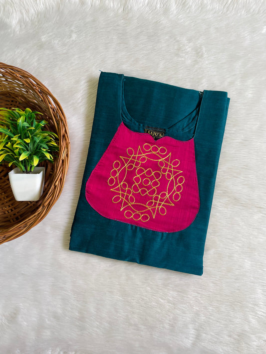 Kolam Embroidery Raw Silk Kurtis
