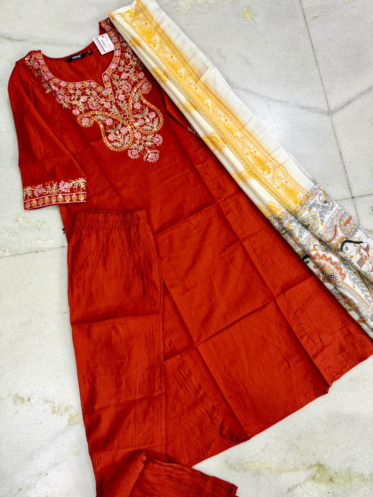 Festive Wear Kurta Sets with Madhubani Dupatta (JOY067) (Orange)