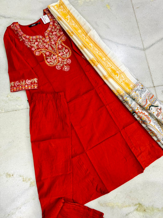 Festive Wear Kurta Sets with Madhubani Dupatta (JOY067) (Orange)